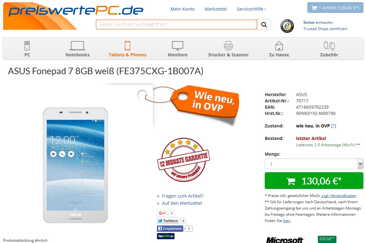 Zum Zeitpunkt dieses Berichts war noch ein "Wie neu"-Fonepad 7 für rund 130 Euro im Angebot.