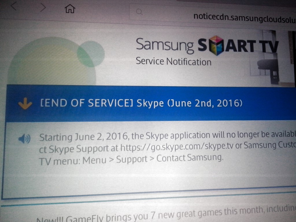 Samsung-Hinweis vom TV: Der Skype-Dienst für Samsung wird am 2. Juni eingestellt, die Skype-App ist dann nicht mehr verfügbar.