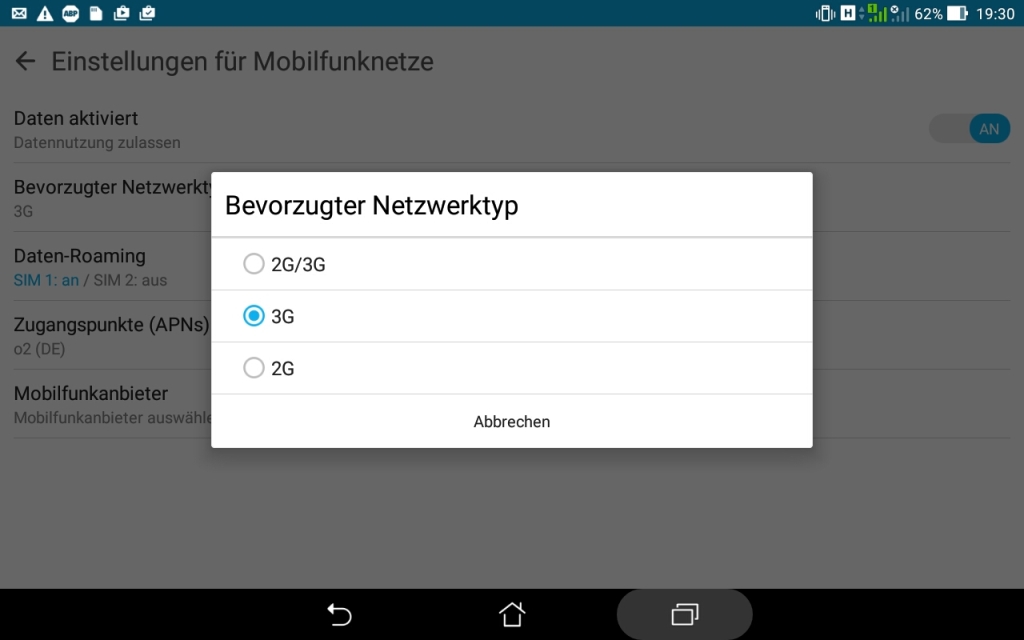Android: Einstellungen für Mobilfunknetze. Hier kann der bevorzugte Netzwerktyp eingestellt werden. Der bestimmt, wie schnell Datenübertragungen möglich sind.