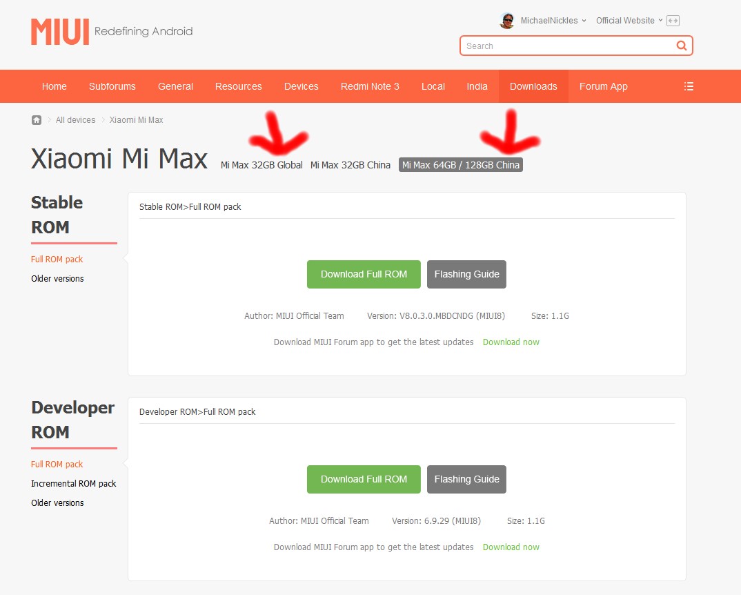 Offizielle ROM-Download-Seite von Xiaomi. Für die Mi Max Modelle mit 64 GByte und 128 GByte waren zum Zeitpunkt dieses Berichts noch keine globalen stabilen (also auch eingedeutschte) ROMs verfügbar (Pfeil rechts), nur für für das Modell mit 32 GByte (Pfeil links) gab es ein globales ROM.