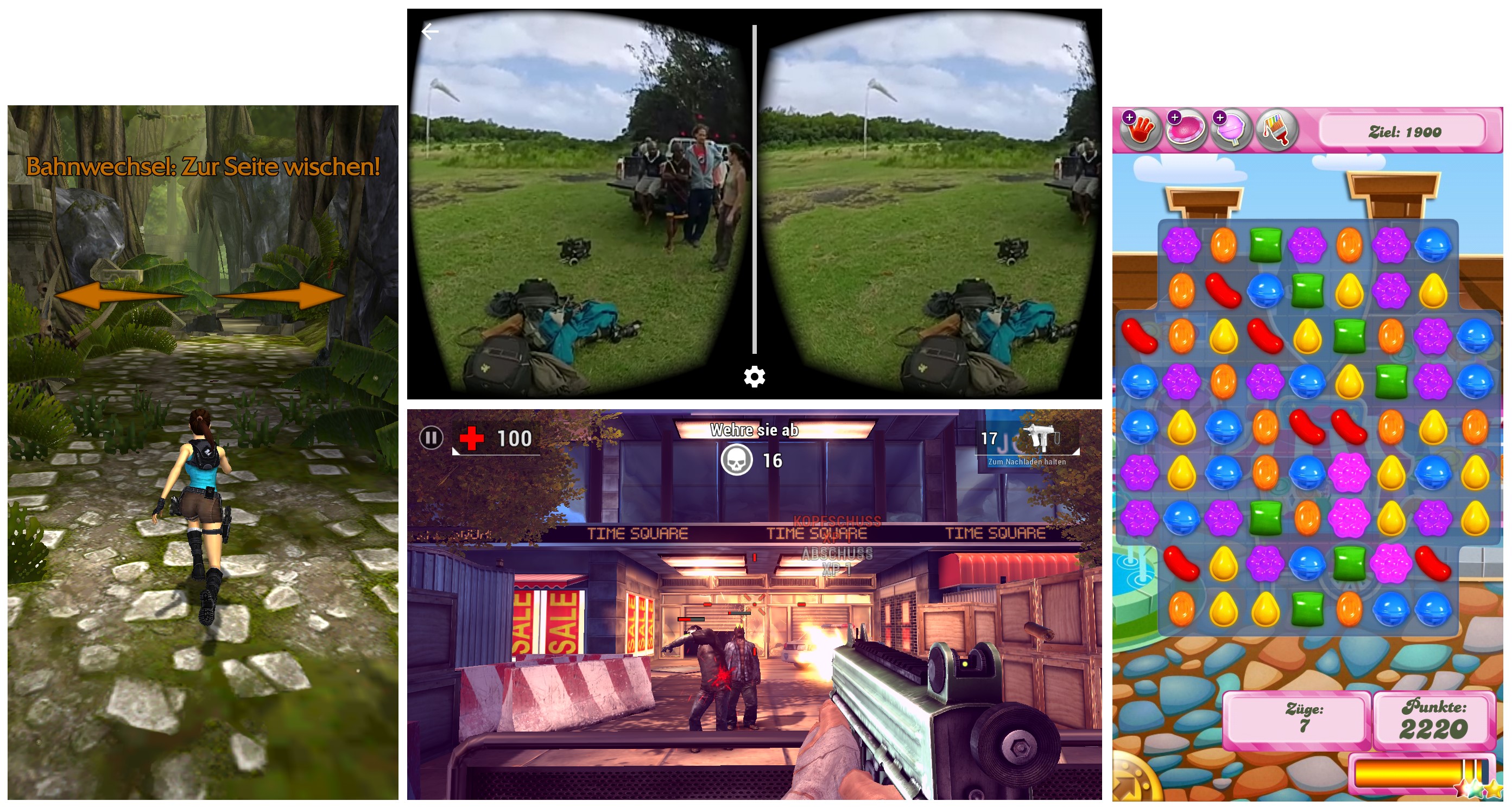 Prinzipiell läuft alles: hier Relic Run, Unkilled, Candy Crush Saga. VR-Anwendungen (oben Mitte) lassen sich starten aber nicht steuern, weil dem Thor Gyroskop- und Kompass-Sensor fehlen.