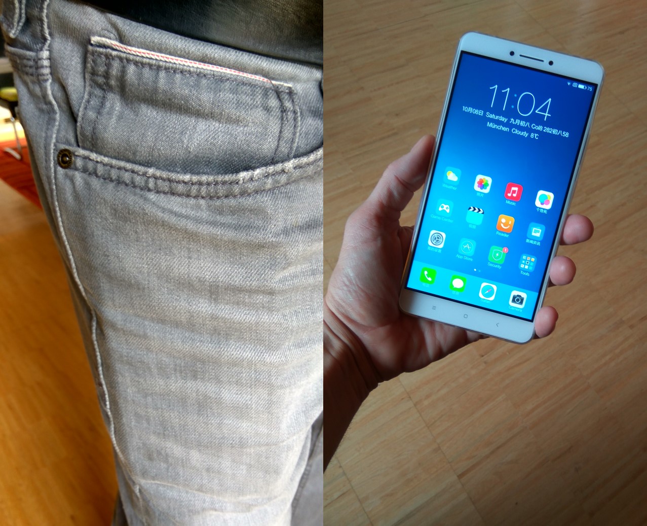 Das Mi Max ist sehr groß, aber es passt dennoch in eine vordere Jeans-Hosentasche und lässt sich (unter anderem dank des sehr geringen Gewichts) auch gut mit einer Hand halten.