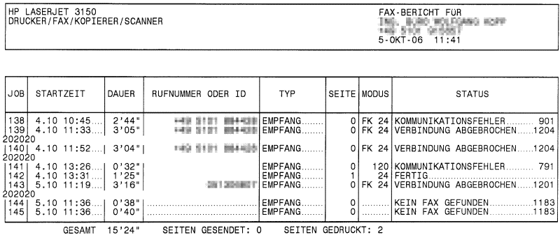 Fax-Protokoll des HP-LJ3150