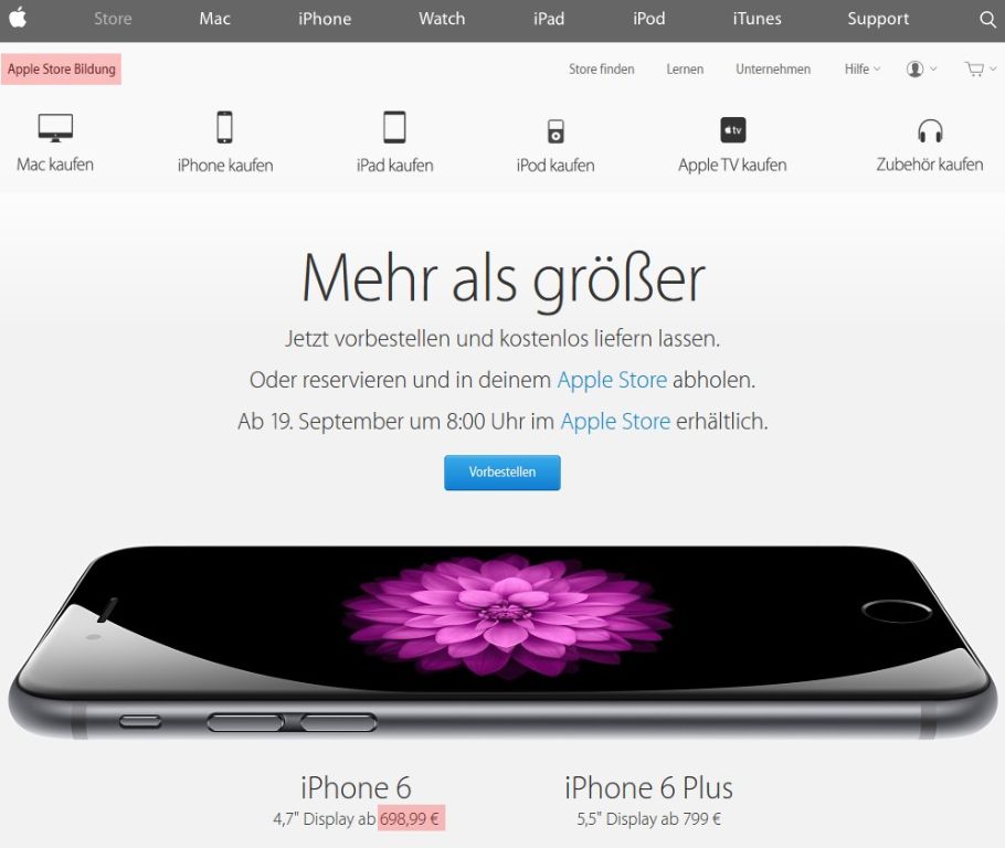 Der Apple Store für den Bildungssektor mit satten Rabatten (Quelle Screenshot store.apple.com)