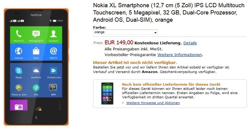 Das Nokia XL für 149 Euro (Quelle: Screenshot Amazon)