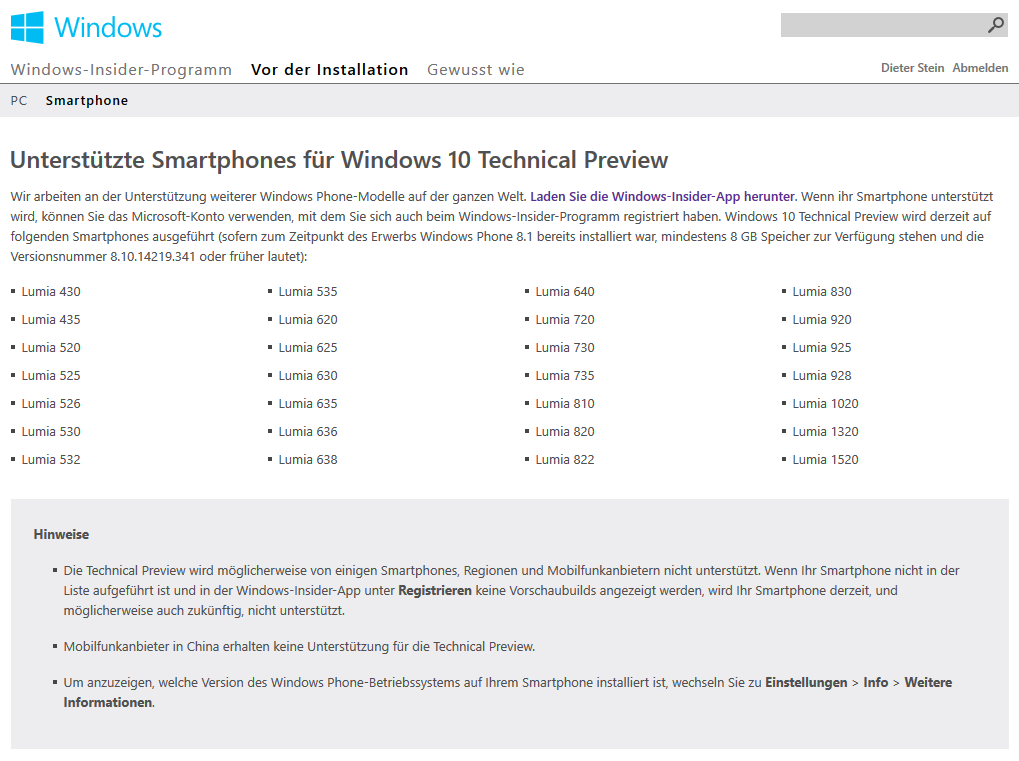 Microsoft Windows Phone 10 Technical Preview nun für mehr Geräte verfügbar (Quelle Screenshot Microsoft)