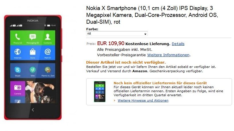 Das Nokia X für 109 Euro (Quelle: Screenshot Amazon)