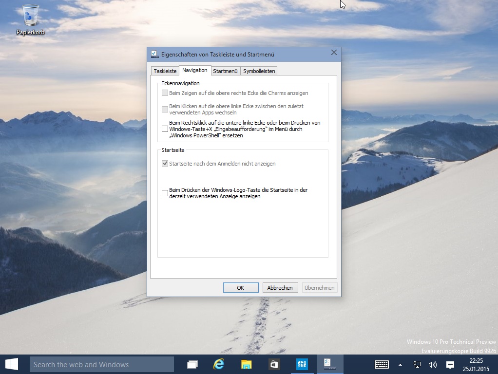 Windows 10, Build 9926. Ein Rechtklick auf die Taskleiste bringt den Eigenschaften-Dialog. Auf dessen Reiter "Navigation" sind die "Charmsbar"-Aktivierungsoptionen noch aufgeführt aber ausgegraut und nicht mehr benutzbar.