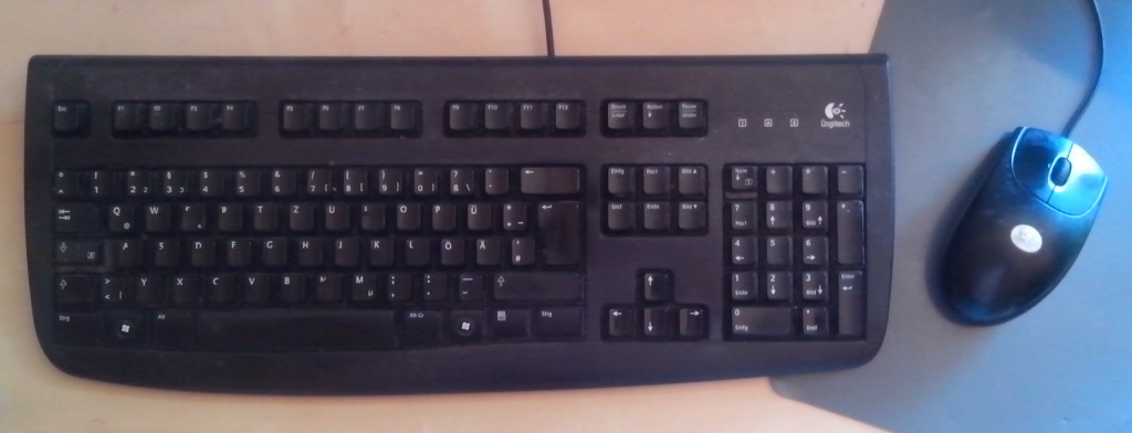 Billige Standard-Tastatur und Maus von Logitech. Beides zusammen hat kaum mehr als 20 Euro gekostet. Würde ich etwas besser geeignetes finden, dann würde ich es sofort kaufen.
