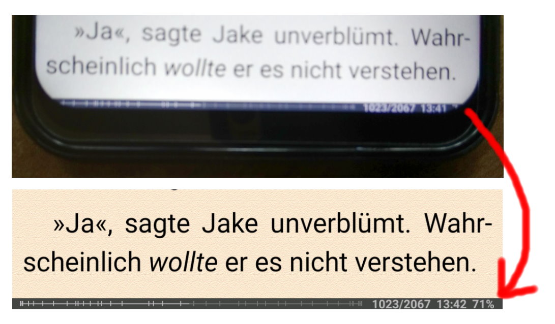 Oben das abfotografierte Smartphone-Display, unten der Screenshot der Darstellung. Aufgrund der abgerundeten Display-Ecke geht rechts unten in der Statuszeile der E-Book-Reader App FBreader die Akkuanzeige („71%“) komplett verloren.