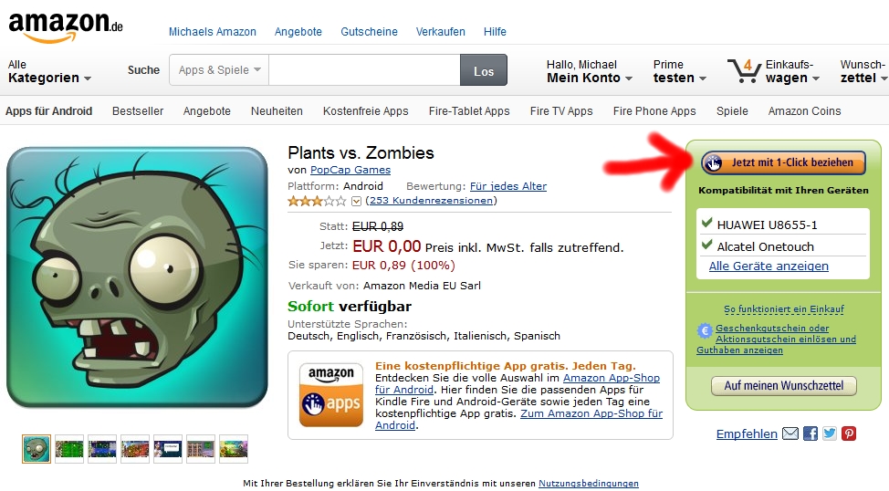 Schnell im Browser erledigt: Die gewünschte kostenlose App wird einfach gewählt (ihre Webseite) und dort per Klick auf "Jetzt mit 1-Click beziehen" einkassiert.