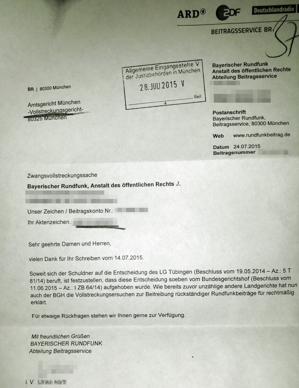 Schreiben vom Service: hier wird darauf hingewiesen, dass das Tübinger Urteil vom Mai 2015 vom Bundesgerichtshof aufgehoben wurde und das Vollstreckungsersuchen damit rechtskräftig ist.