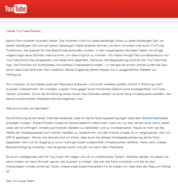 Die Mail vom Youtube-Team.