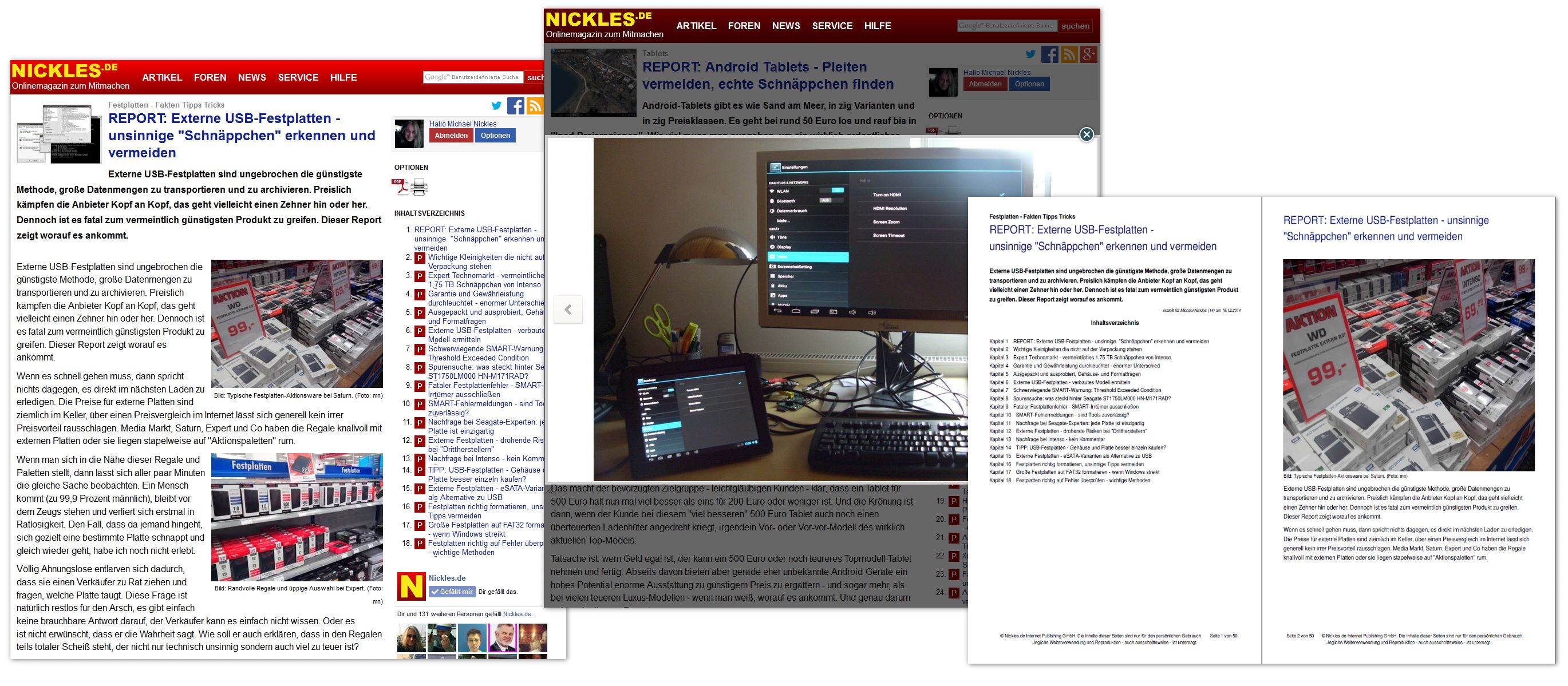 Artikelseiten sind für Premiummitglieder jetzt frei von Werbung und haben ein deutlich besser lesbares Layout (links). Die neue Zoom-Funktion skaliert Bilder besser (Mitte) und auf Wunsch können Artikel auch mit einem Klick als PDF-Dokument gespeichert werden (rechts).