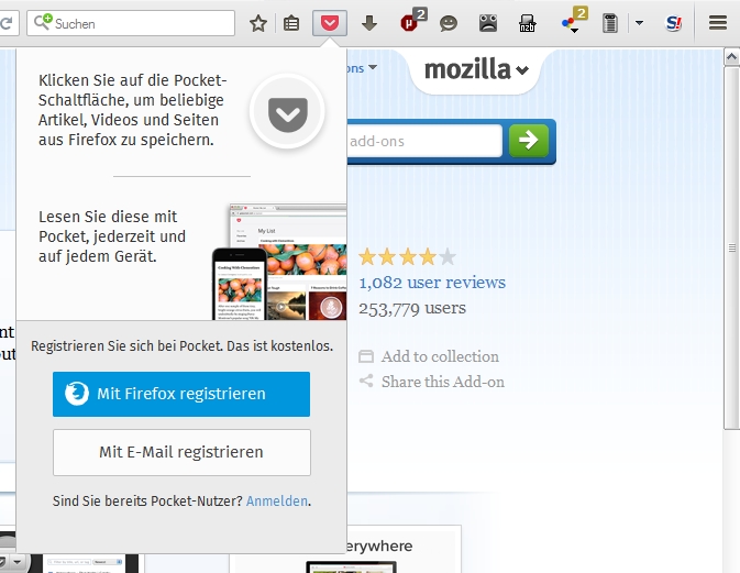Pocket wird über das neue Symbol in der Firefox-Befehlsleiste aufgerufen.