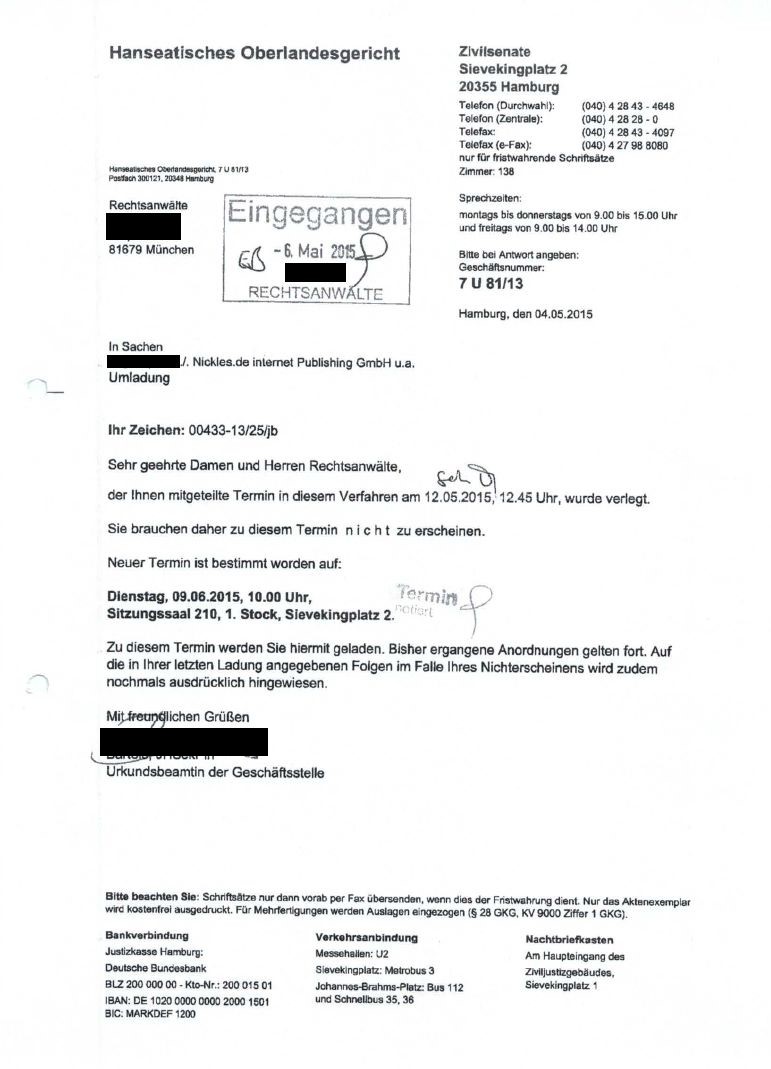 Die Ladung zum Berufungsverfahren.