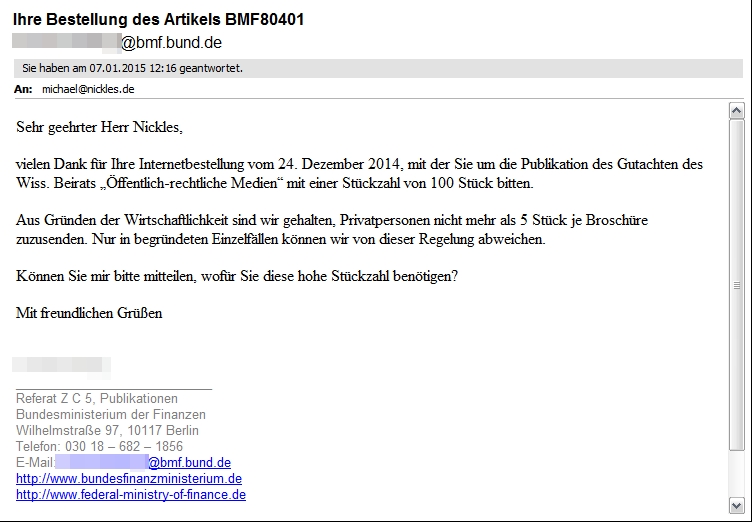 Die Email vom Bundesministerium der Finanzen.