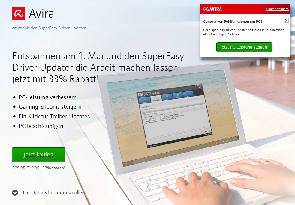 Oben rechts im Bild: die Werbung, die Avira am Bildschirm einblendet.