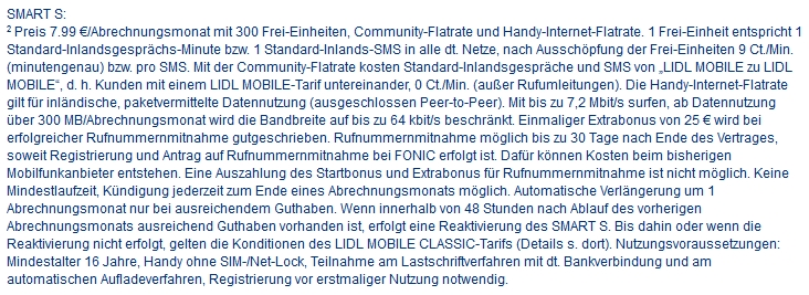 Hinweistext zum Lidl-Tarif "Smart S".