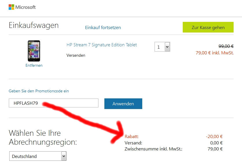 Nach Eingabe des Promotioncodes wird ein Rabatt von 20 Euro gewährt.