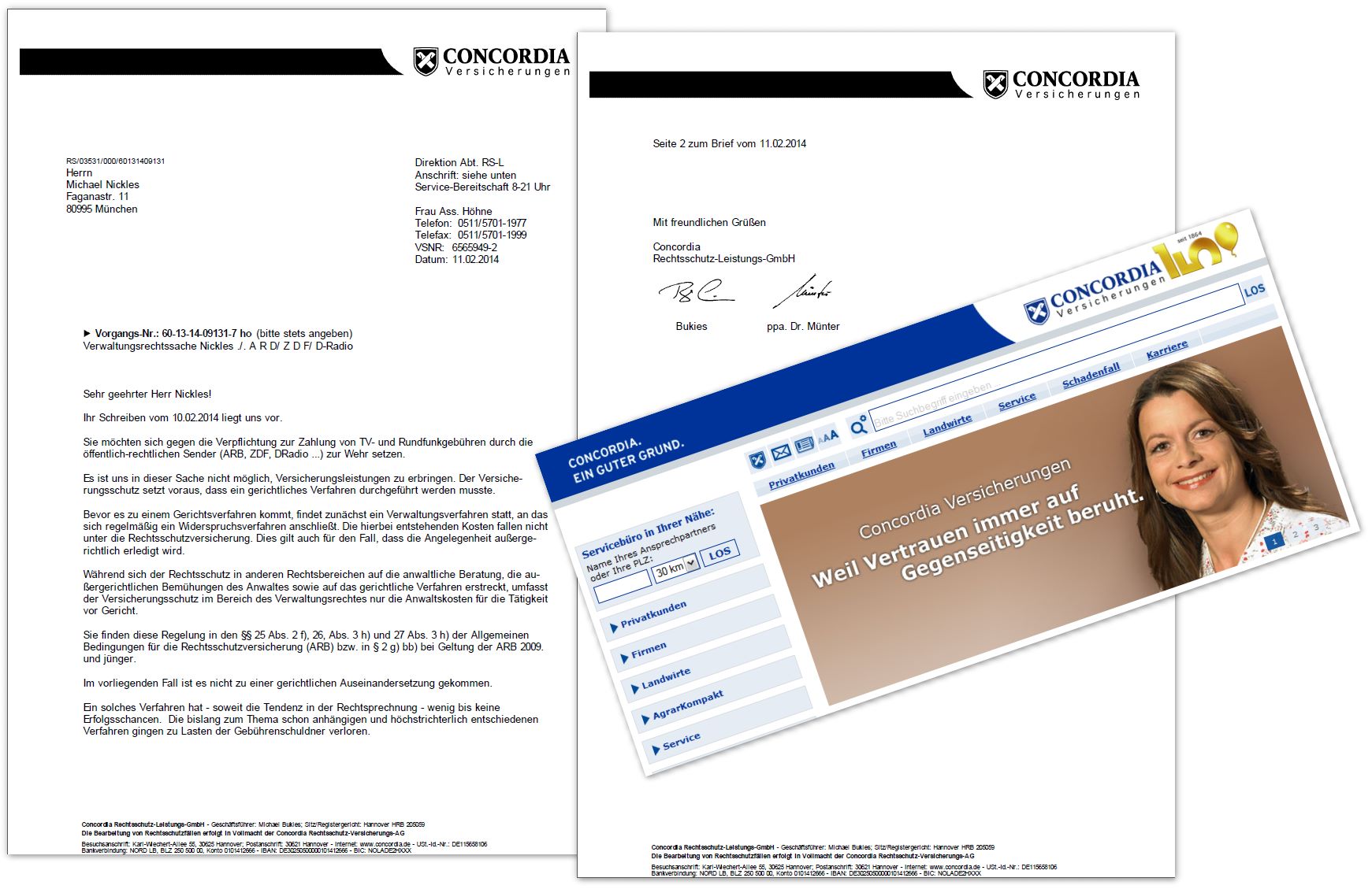(Collage: PDF-Schreiben der Concordia-Versicherung, Screenshot Webpräsenz www.concordia.de.)