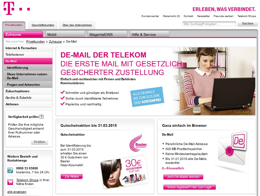 De-Mail Webseite der Telekom. Identifizierungswillige kriegen einen "Haarkosmetik-Gutschein".