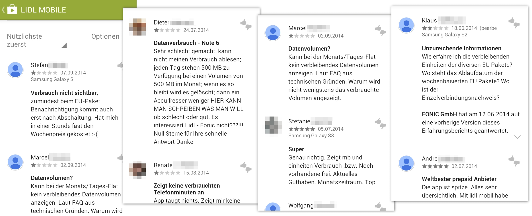 Diverse Google Play Kommentare zur Lidl Mobile App.