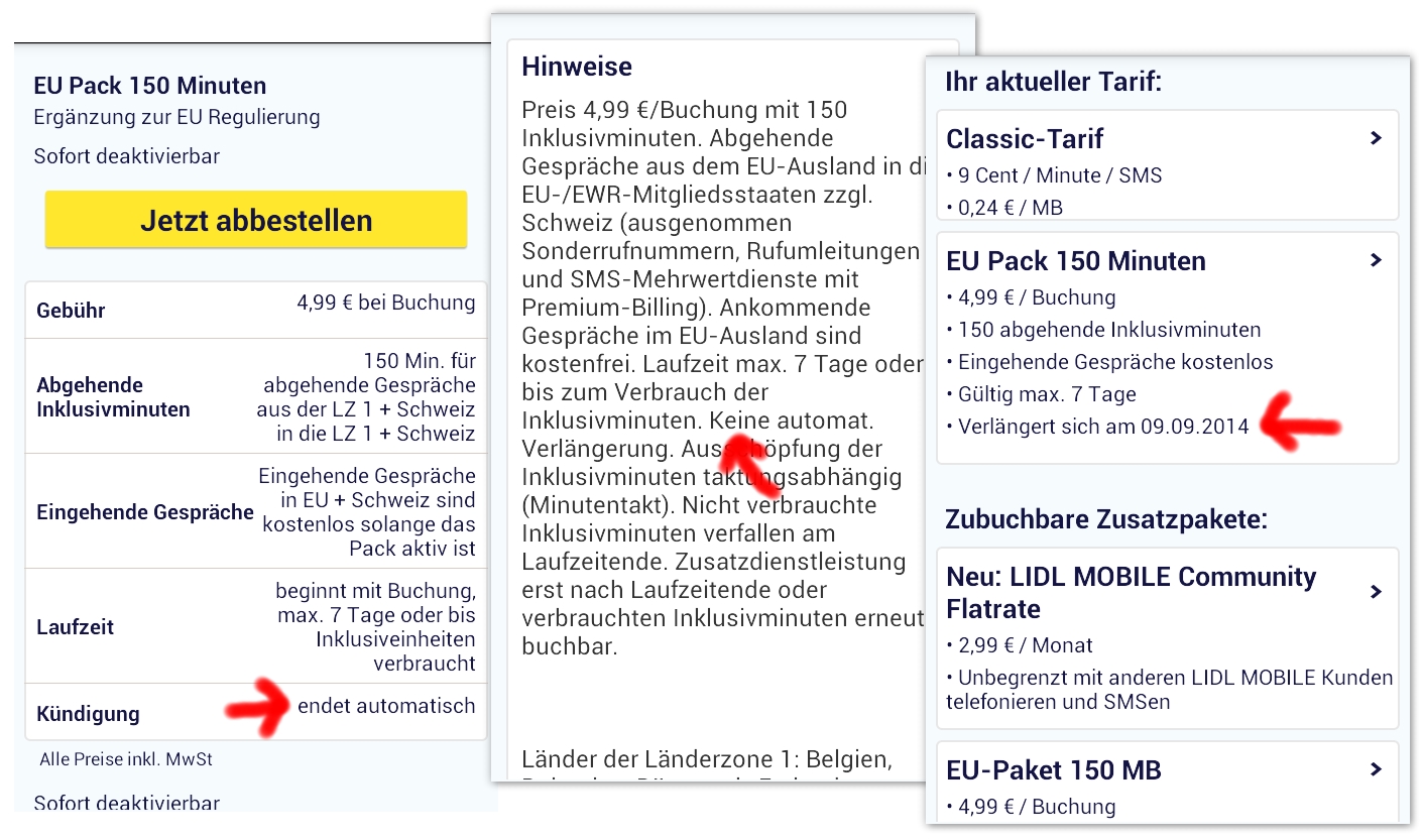 Beim Buchen des Pakets heißt es "Kündigung: endet automatisch". Beim Hinweis wird "keine automatische Verlängerung" versprochen. Bei den Tarifdetails steht aber "Verlängert sich am Datum des Ablaufs".