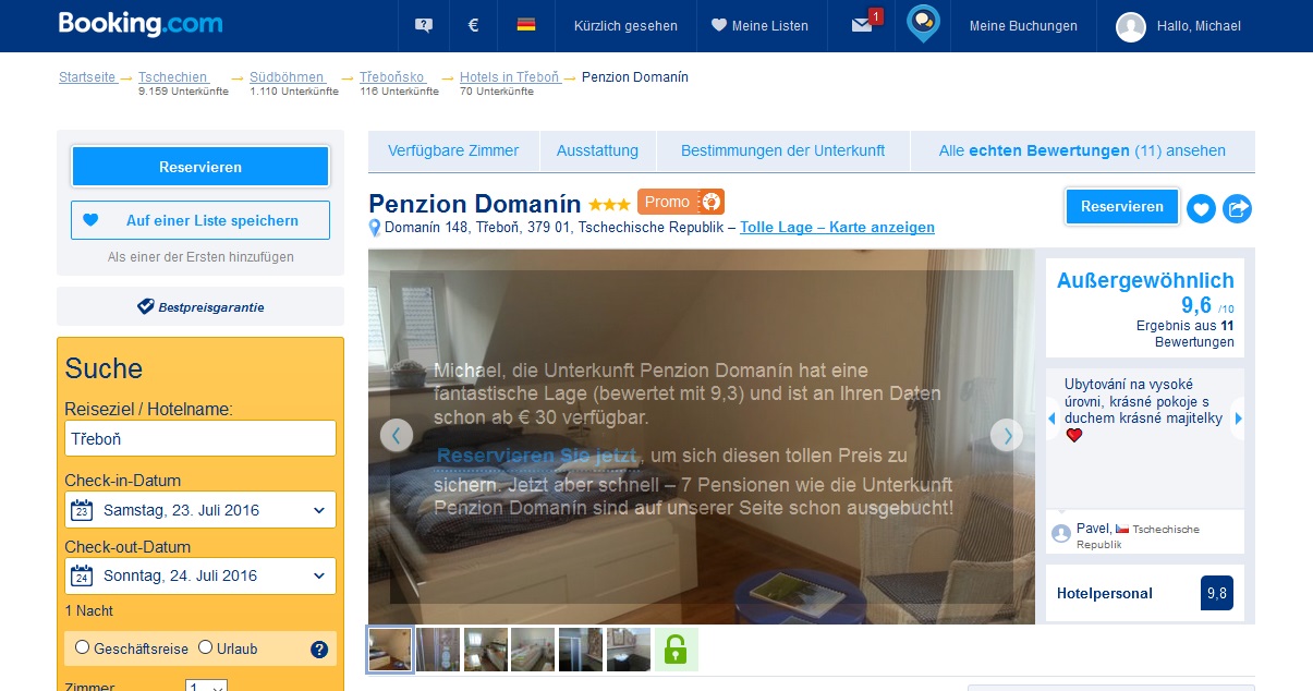 Booking.com Bewerbung der Pension.