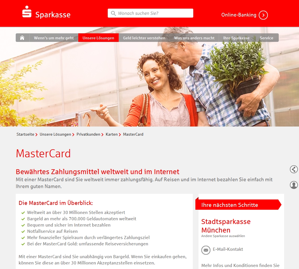 MasterCard-Werbung der Sparkasse: "Mit einer MasterCard sind sie weltweit immer zahlungsfähig. Auf Reisen und im Internet bezahlen sie einfach mit Ihrem guten Namen."