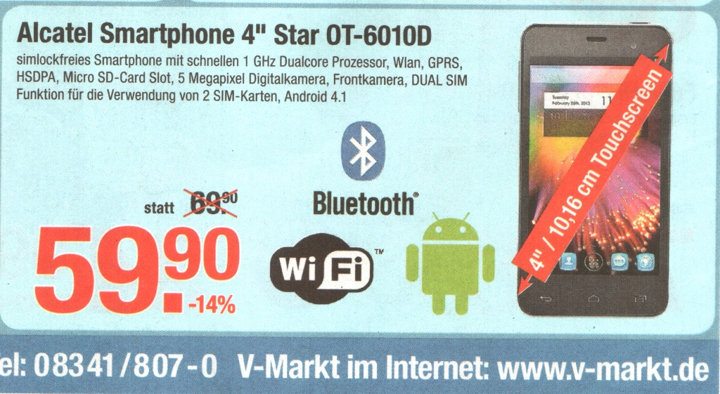 In der aktuellen Werbung des V-Markt (noch gültig bis Mittwoch) wird ein Smartphone angeboten, das statt angeblichen 69,90 Euro nur 59,90 Euro kostet. (Foto: V-Markt Prospektauschnitt)