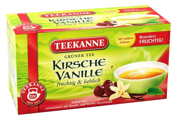 Hier steht nur "aromatisiert mit Kirsch- und Vanille-Geschmack" drauf. An so einer Bezeichnung besteht gewiss Möglichkeit zur Beanstandung. (Foto: Teekanne).