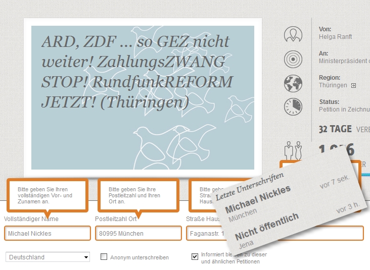 Unterzeichnen einer Petition. Per Option "Anonym unterschreiben" kann die öffentliche Anzeige der Angaben unterdrückt werden. Ich habe auf Anonymität verzichtet. In diesem Fall werden in der Unterschriftenliste der vollständige Name und der Wohnort angezeigt, wie unten recht im Bild zu sehen. Unter meiner Unterschrift ist exemplarisch eine anoynme Petitions-Teilnahme: statt dem Namen steht nur "Nicht öffentlich" da und darunter der Wohnort.