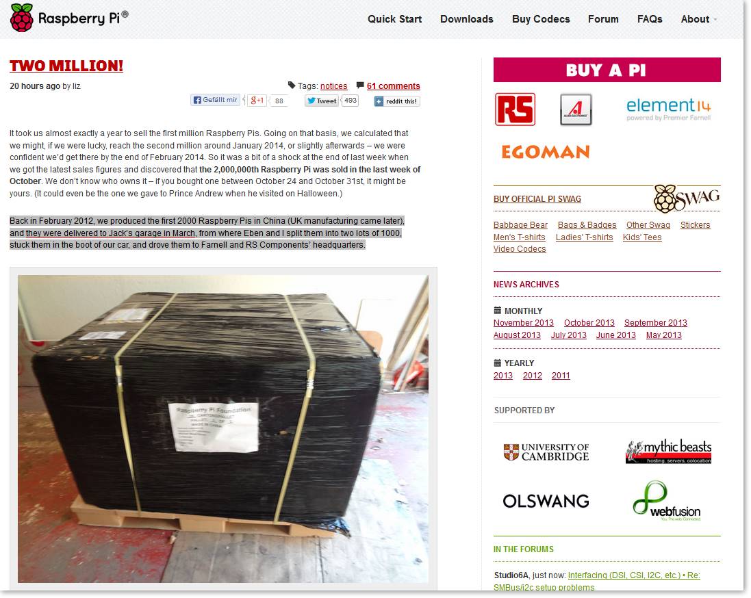 Im Blog-Beitrag wurden anlässlich des Meilensteins erste Unboxing-Bilder von den ersten 2.000 Raspberry Pi gezeigt (Foto: Webpräsenz Raspberry Pi)