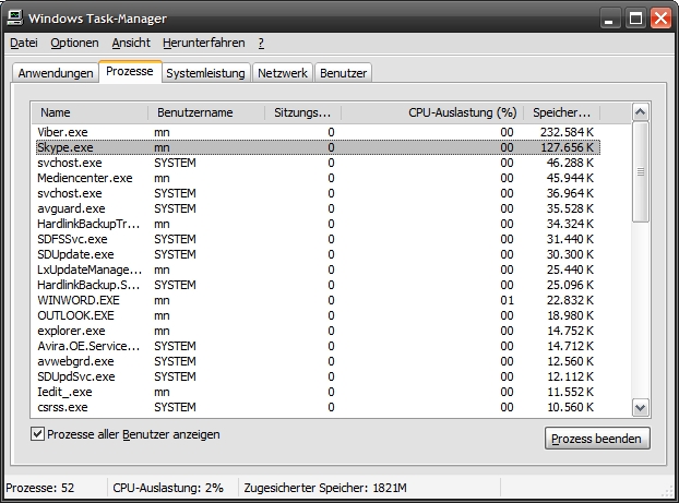 Windows XP 32-Bit, Taskmanager, Sortierung nach Speicherauslastung.