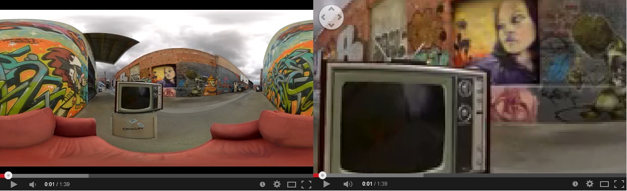 Links die Komplettdarstellung eines 360 Grad Videos, wenn die neuen Wiedergabefunktionen fehlen. Rechts das Video im bereits 360-Grad-tauglichen Chrome-Browser. Es ist nur ein Ausschnitt zu sehen, über das Bedienelement oben links kann die Ansicht bewegt werden.