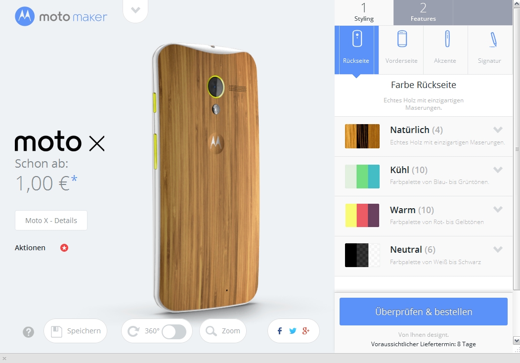 Auf der Moto Maker Webpräsenz kann das Moto X individuell gestaltet werden.