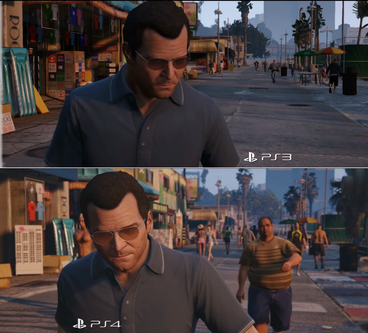 GTA V: Oben Playstation 3, unten Playstation 4. Bei dieser Szene ist deutlich zu erkennen, dass die neue Konsole viel mehr Rechenleistung für mehr bewegte Objekte (Personen im Bild) hat. (Foto: Rockstar)