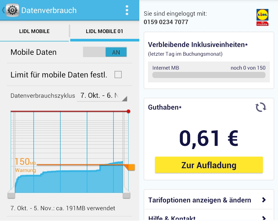 Links Datenverbrauchsanzeige von Android, rechts Verbrauchsanzeige der Lidl-App.