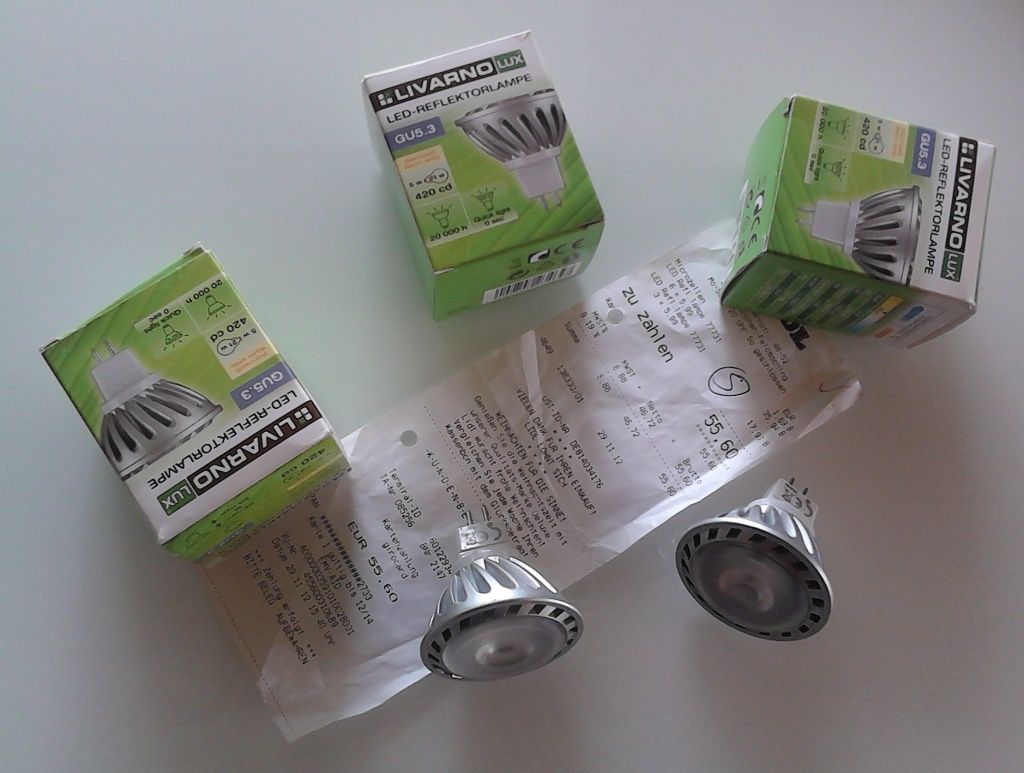 Von meinen sechs LED-Leuchtmitteln der Marke Luvarno ist jetzt nur noch eine am Leuchten.
