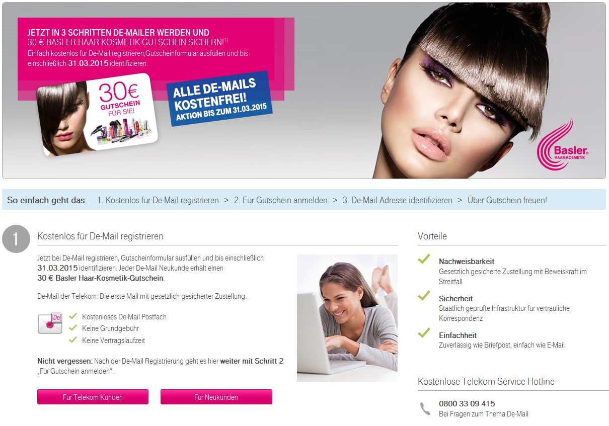 Die Haarkosmetik-Gutschein-Aktionsseite der Telekom.