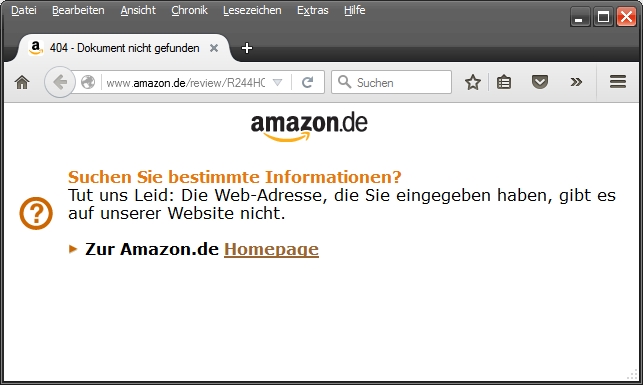 Wenn Rezensionen plötzlich verschwinden, dann erscheint von Amazon nur der Hinweis, dass diese Web-Adresse nicht existiert. Amazon sollte hier korrekterweise mitteilen, dass es sich um eine gelöschte Bewertung handelt und WER diese Bewertung gelöscht hat.