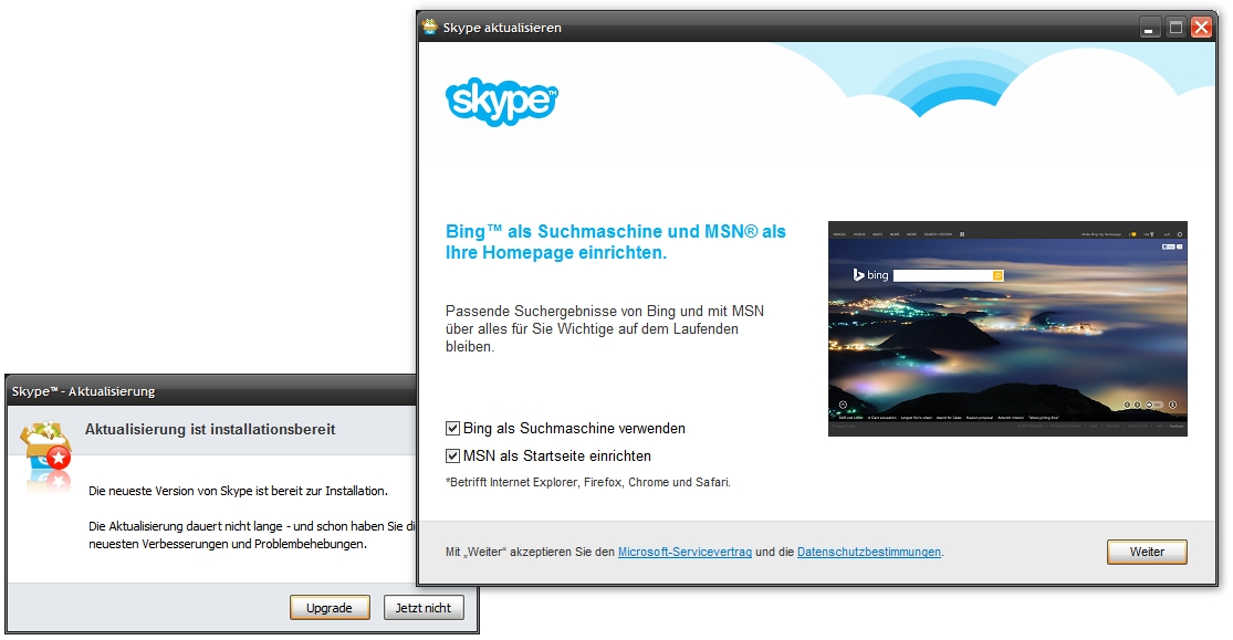 Skype-Update: Wer hier nicht aufpasst, kriegt Bing und MSN untergejubelt.