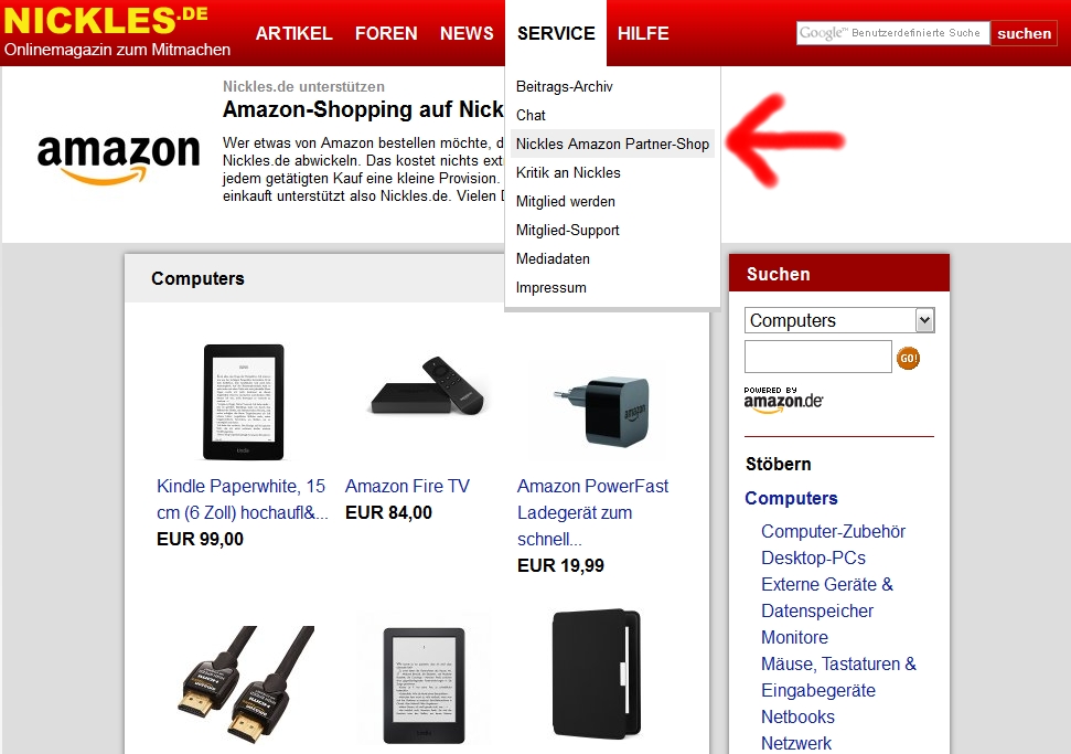 Neu: hier findet sich im Service-Menü der Nickles Amazon-Partnershop.
