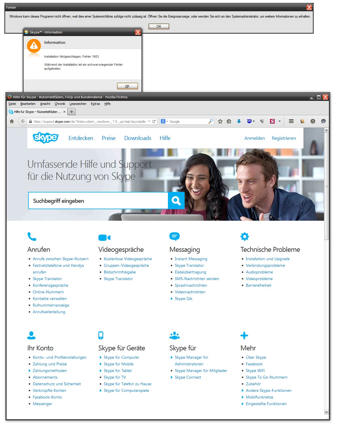 Nach Fehlermeldung und Abbruch des Setups werden Skype-Nutzer auf einer "Hilfe und Support"-Seite im Stich gelassen.