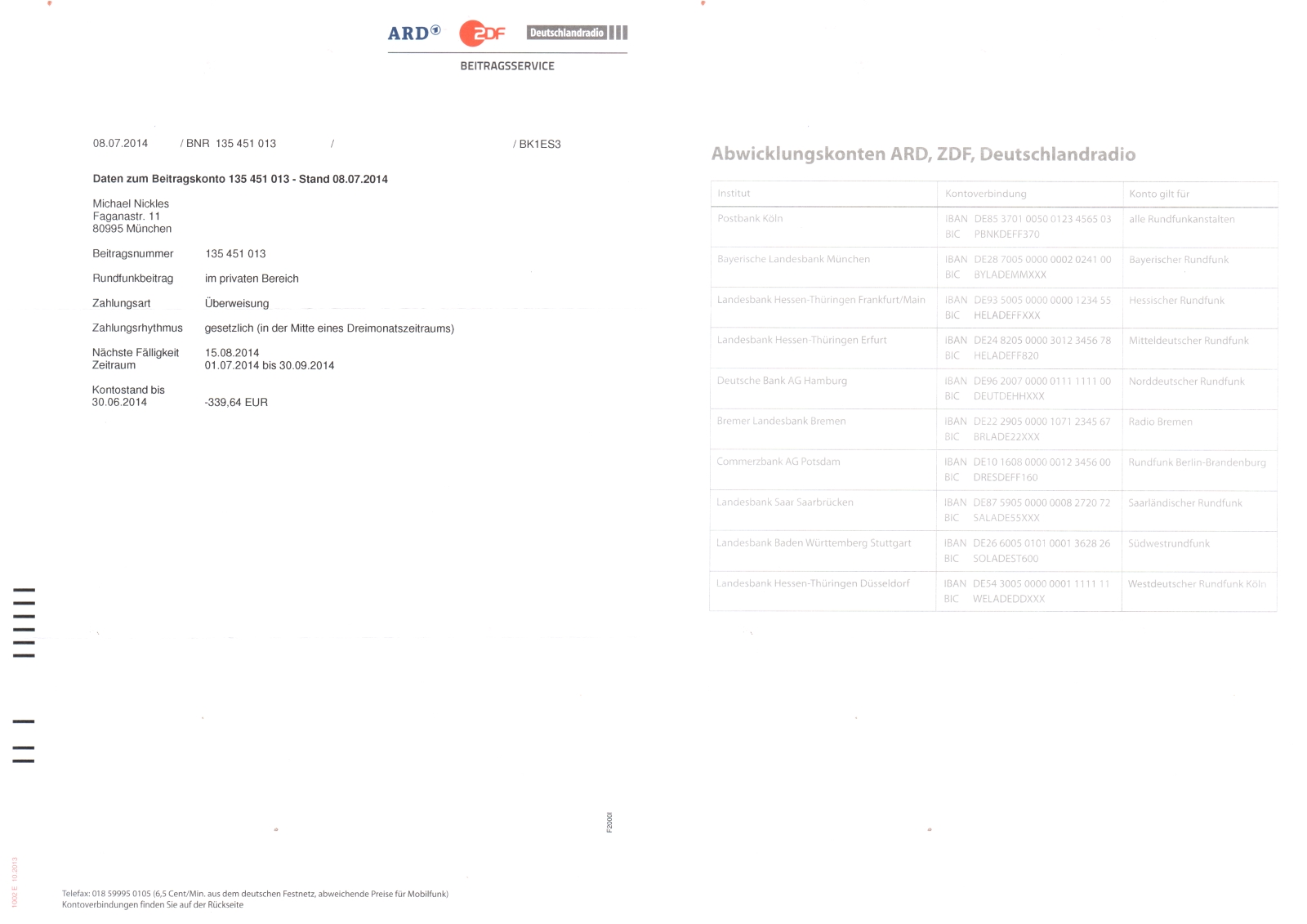 Auf der dritten Seite fasst der Service die Daten zum Beitragskonto zusammen. Auf der Rückseite der ersten drei Blätter gibt es blass gedruckt jeweils noch eine Übersicht der Abwicklungskonten von ARD, ZDF, Deutschlandradio.