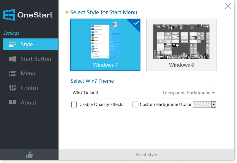 Anvi Onestart bietet zwei verschiedene Startmenü-Varianten: eine klassische im Windows 7 Stil und eine moderne im Windows 8 Modern UI Stil.