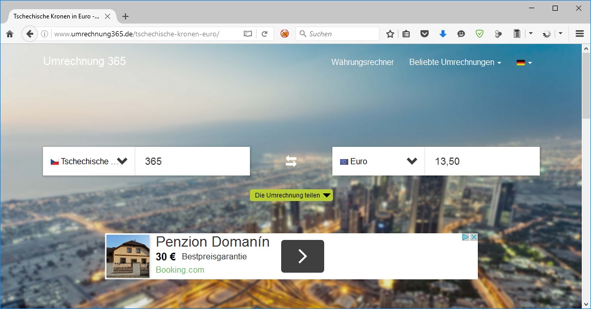 Währungsumrechnungsseite und darunter die „Bestpreis“-Werbung von Booking.com.