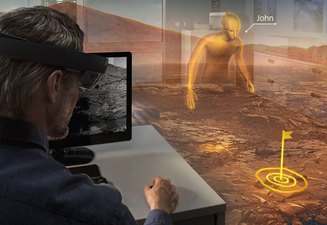 Microsofts Hololens ermöglicht virtuelle Reisen und vieles mehr. Ein so großes Sichtfeld wie hier im Bild zu sehen, wird zunächst aber nicht möglich sein. (Foto: Microsoft)