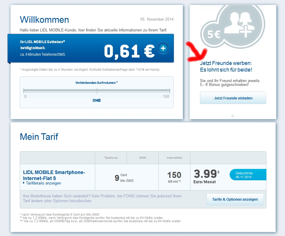 Mein Stand zum Zeitpunkt dieses Blogs. Auf der Karte sind noch 0,61 Euro Guthaben drauf. Und es ist unten der "Flat-S"-Tarif für 3,99 Euro / Monat aktiviert, der sich automatisch verlängert WENN noch genug Guthaben auf der Karte ist.